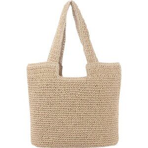 Women Beige Weaving Casual Retro With Zipper Closure Soft Large Shoulder Handbag
